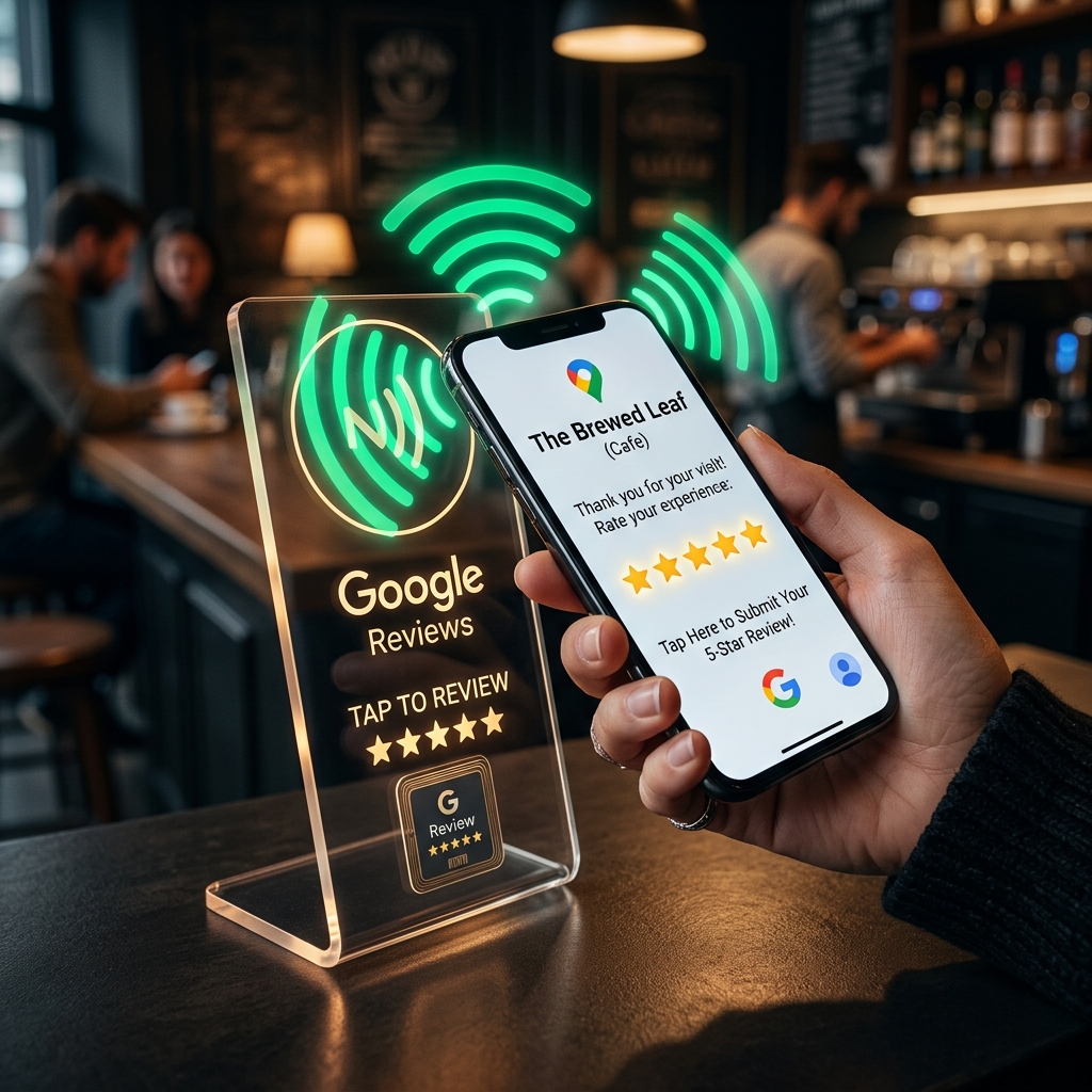 Ruka prikladá telefón k NFC stojančeku na Google recenzie